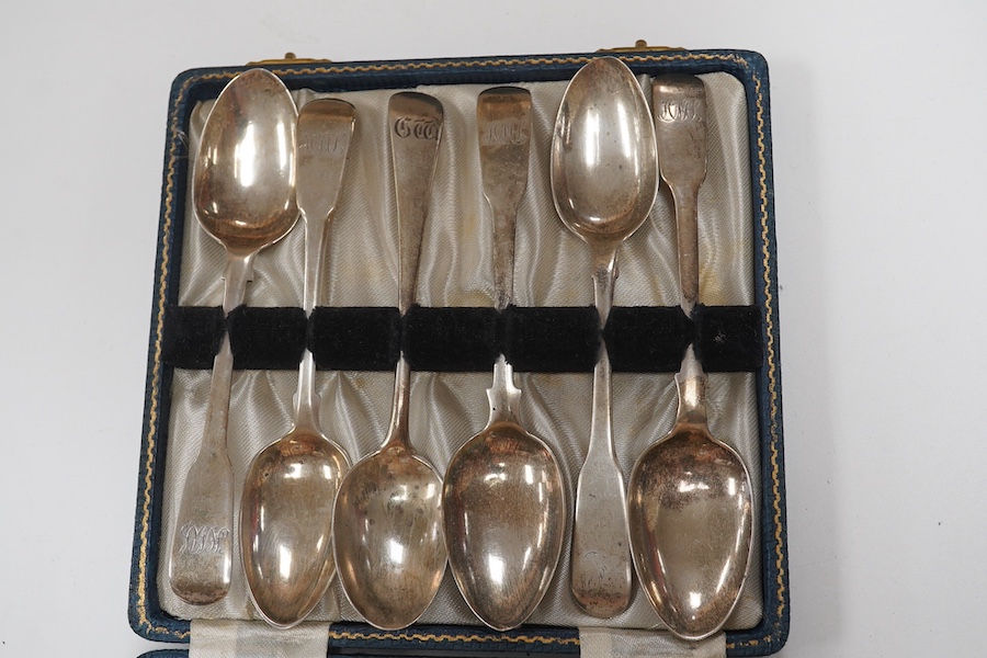 A cased harlequin set of six 19th century silver teaspoons, various dates, patterns and makers, 3.8oz. Condition - fair